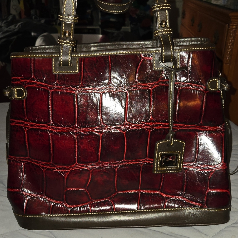 Dooney & Bourke Croc Embossed Leather Double Strap Tassel Satchel in Red